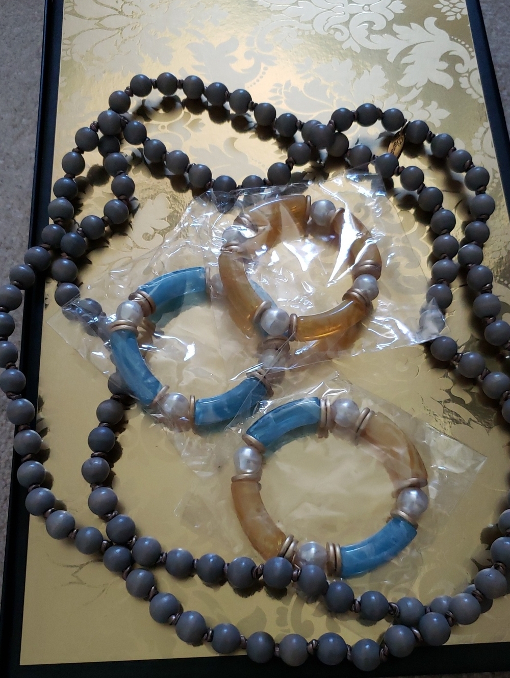 Blue and Yellow Beaded Stretch Bracelet Set - Women Jewelry-set of 3